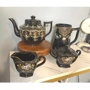 Antique Price Bros England Teapot Set – Hand-Painted Black Luster – 4-Piece Set